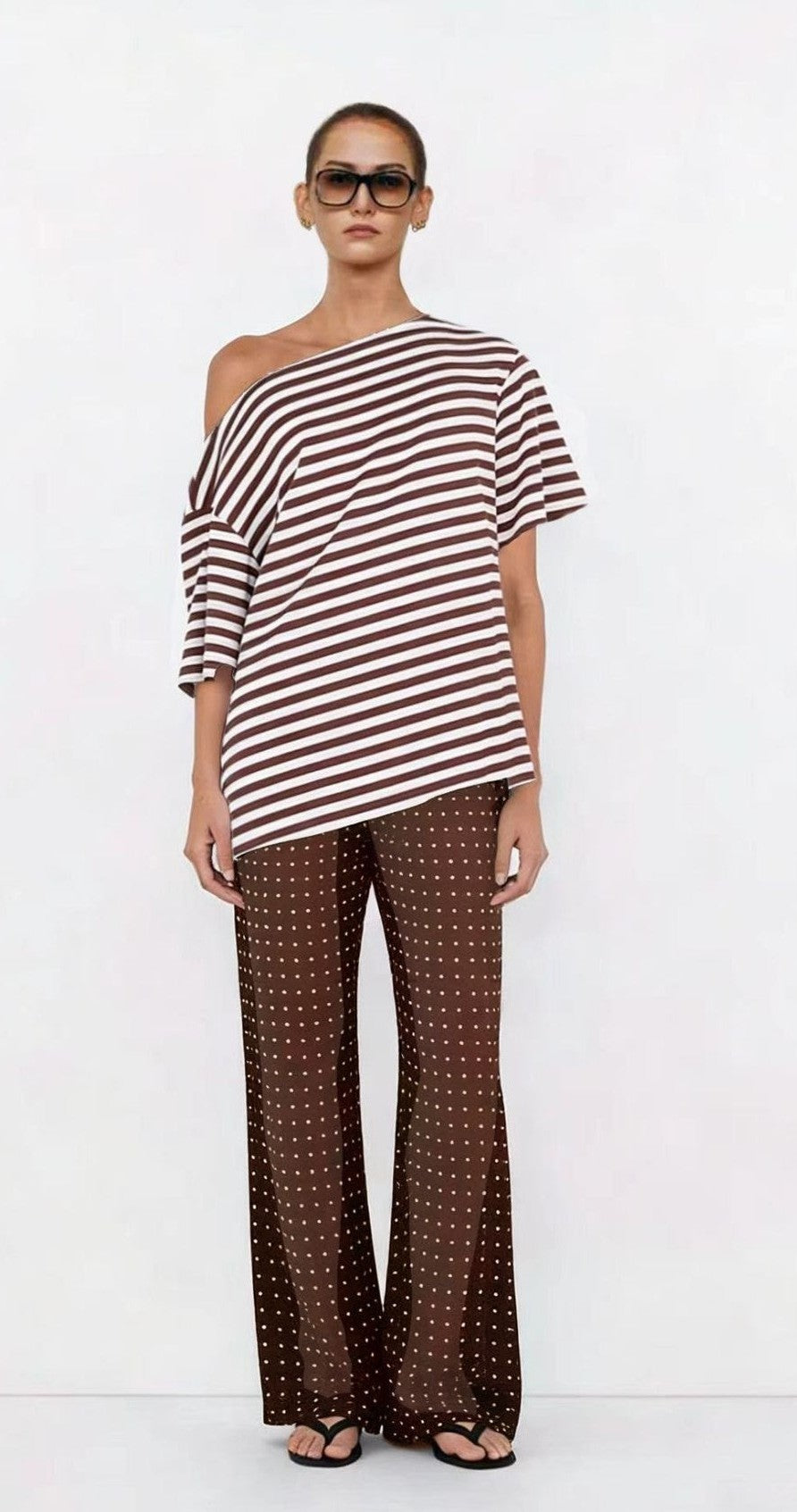 Jemima Asymmetrical Tee - Chocolate Stripe