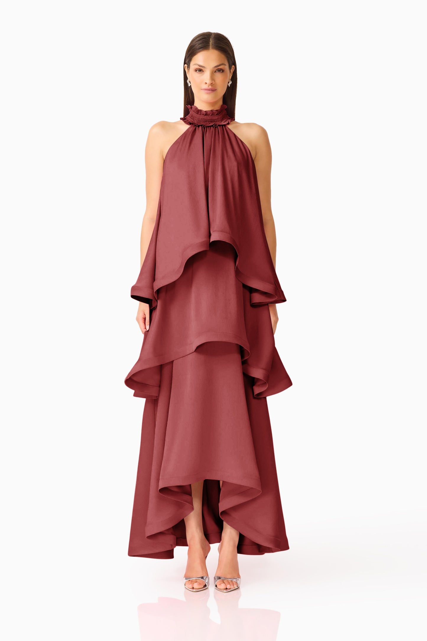 Elliatt Calista Ruffle neck Tiered Gown - Burgundy
