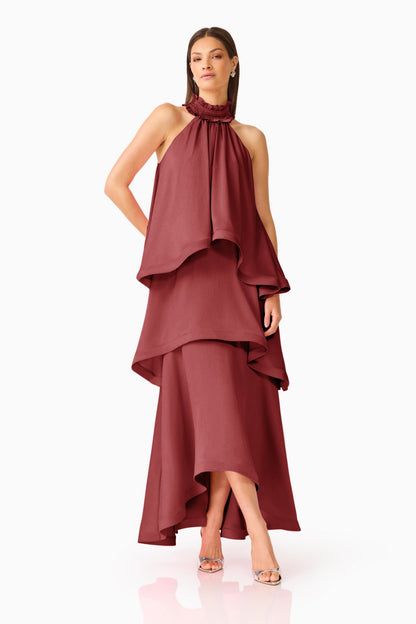 Elliatt Calista Ruffle neck Tiered Gown - Burgundy