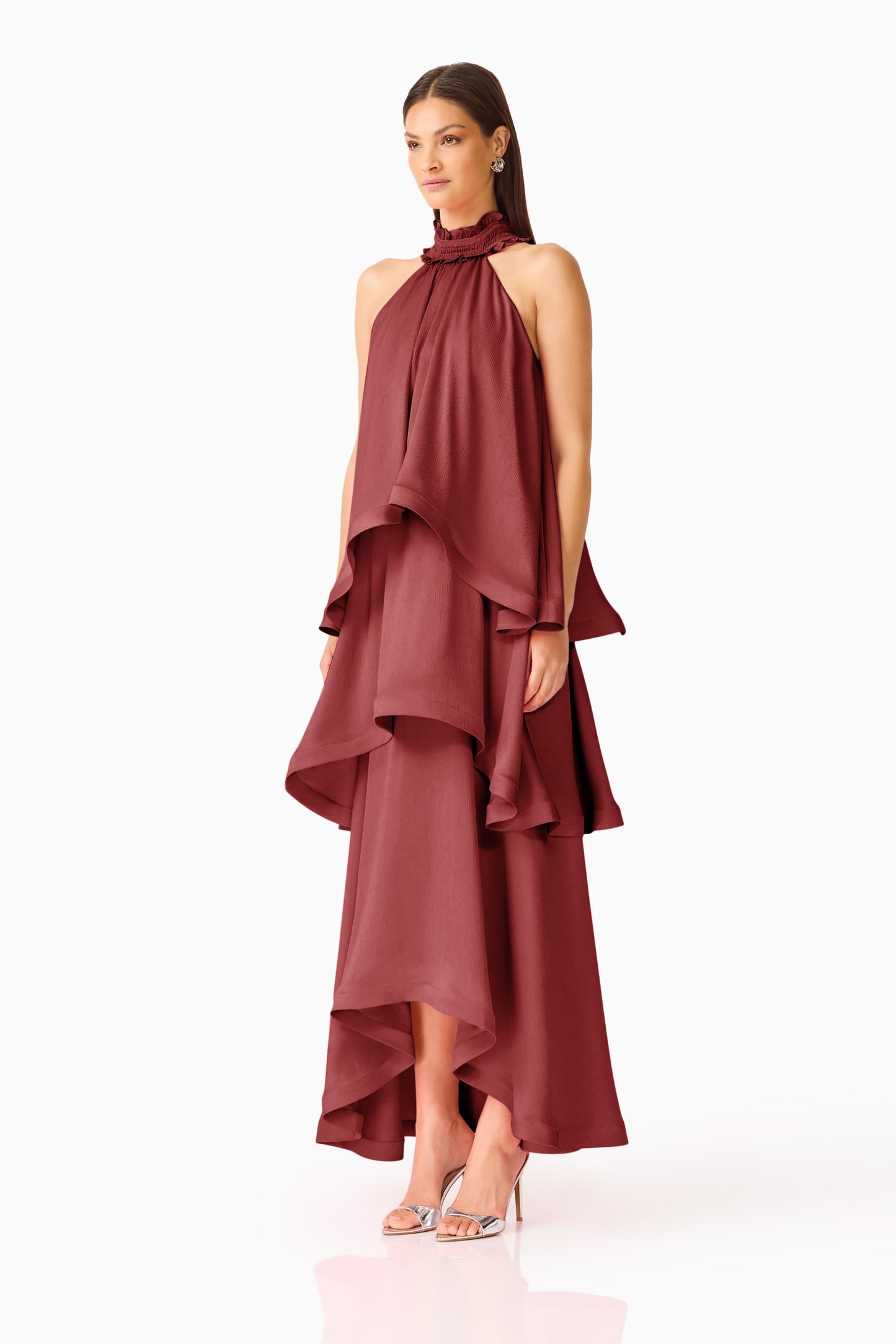 Elliatt Calista Ruffle neck Tiered Gown - Burgundy