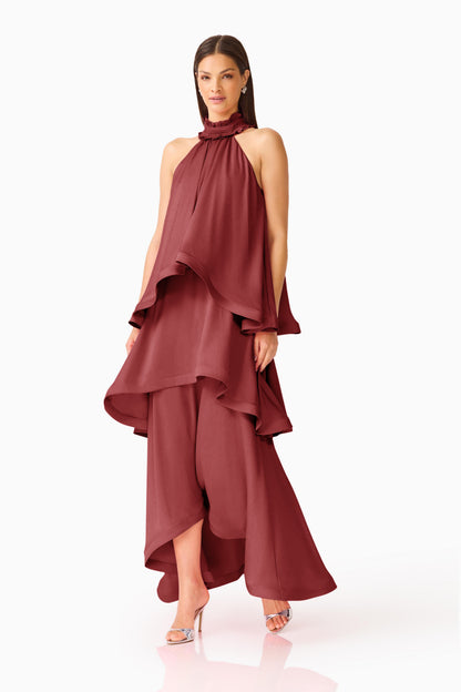 Elliatt Calista Ruffle neck Tiered Gown - Burgundy