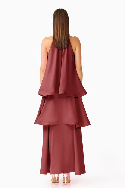 Elliatt Calista Ruffle neck Tiered Gown - Burgundy
