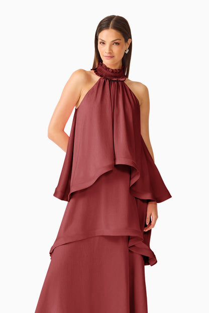 Elliatt Calista Ruffle neck Tiered Gown - Burgundy