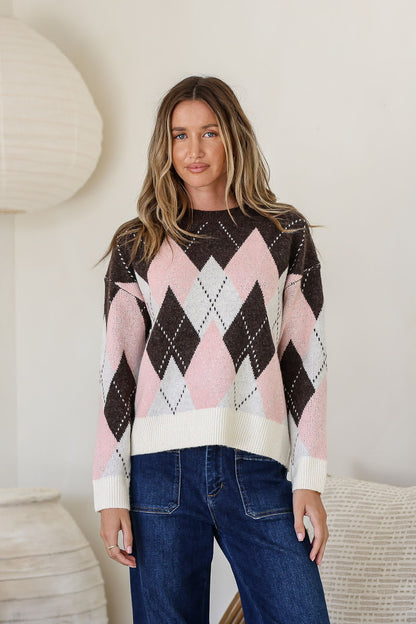 Aria Diamond Check Knit - Pink/Choc