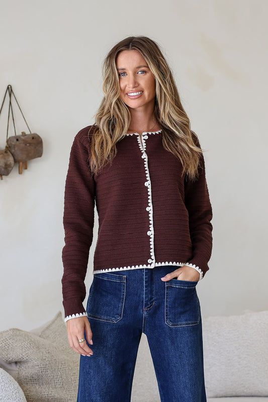 Brenda Blanket Stitch Cardi - Chocolate