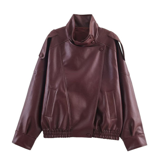 Faux Leather Funnel Neck Jacket -Wine