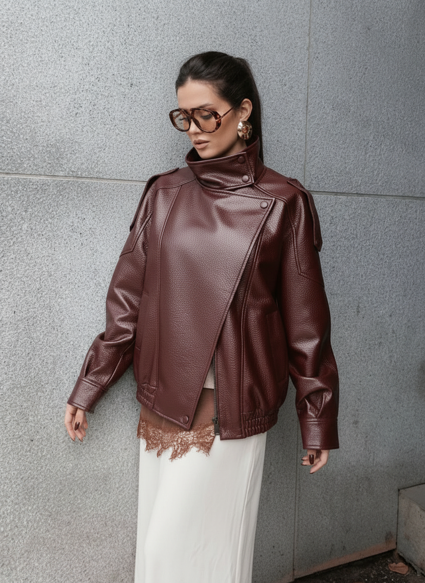 Faux Leather Funnel Neck Jacket -Wine