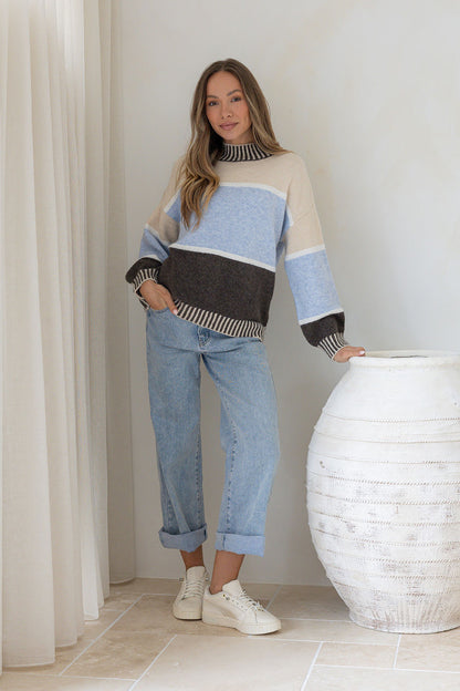 Kenzie Colour Black Knit - Blue/Choc/Cream