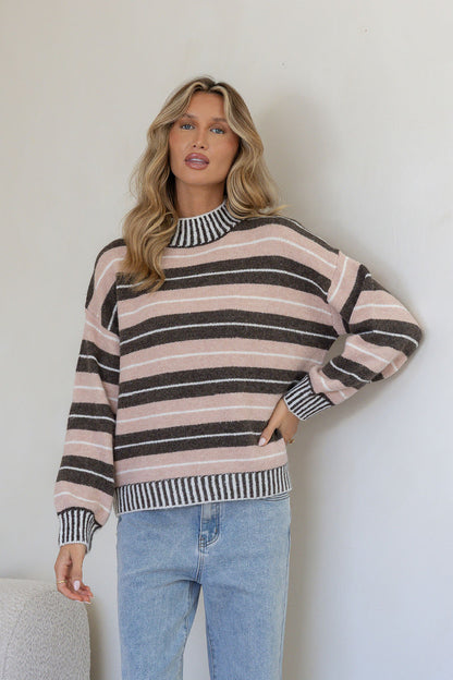 Tilly Stripe High Neck Knit - Chocolate/Soft Peach