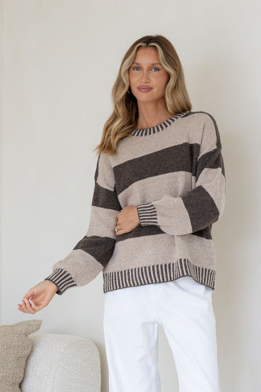 Maci Stripe Blanket Stitch Knit - Chocolate/Beige