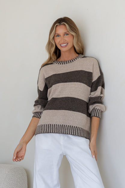 Maci Stripe Blanket Stitch Knit - Chocolate/Beige