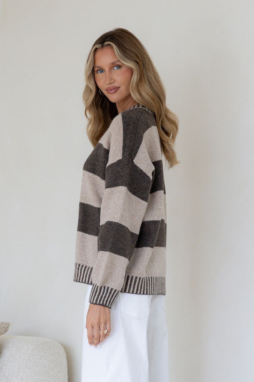 Maci Stripe Blanket Stitch Knit - Chocolate/Beige