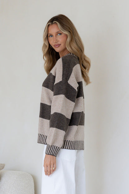 Maci Stripe Blanket Stitch Knit - Chocolate/Beige