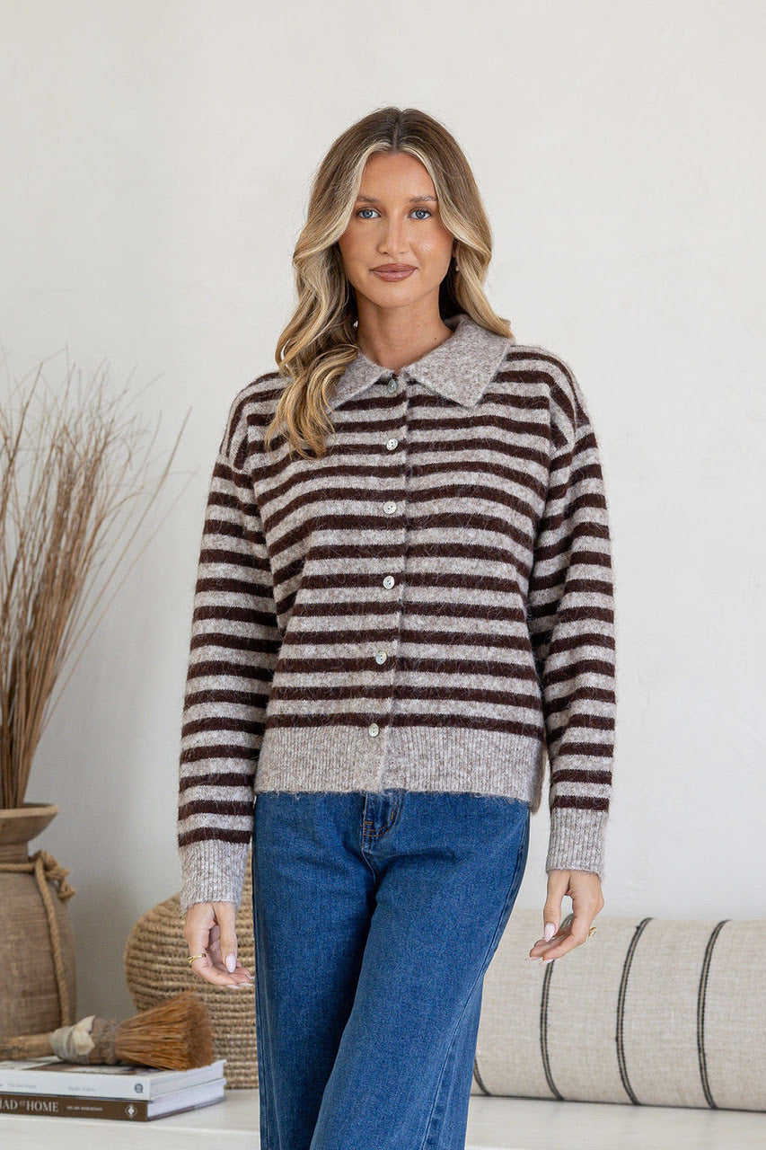 Elsie Striped Collared Cardigan - Chocolate/ Latte COMING SOON