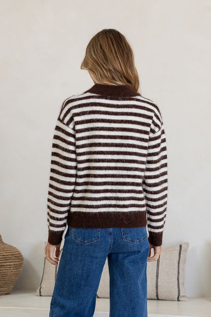 Elsie Striped Collared Cardigan - Chocolate/ Cream