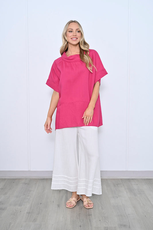 Cali & Co Nora Turtle Neck Linen Top - Hot Pink