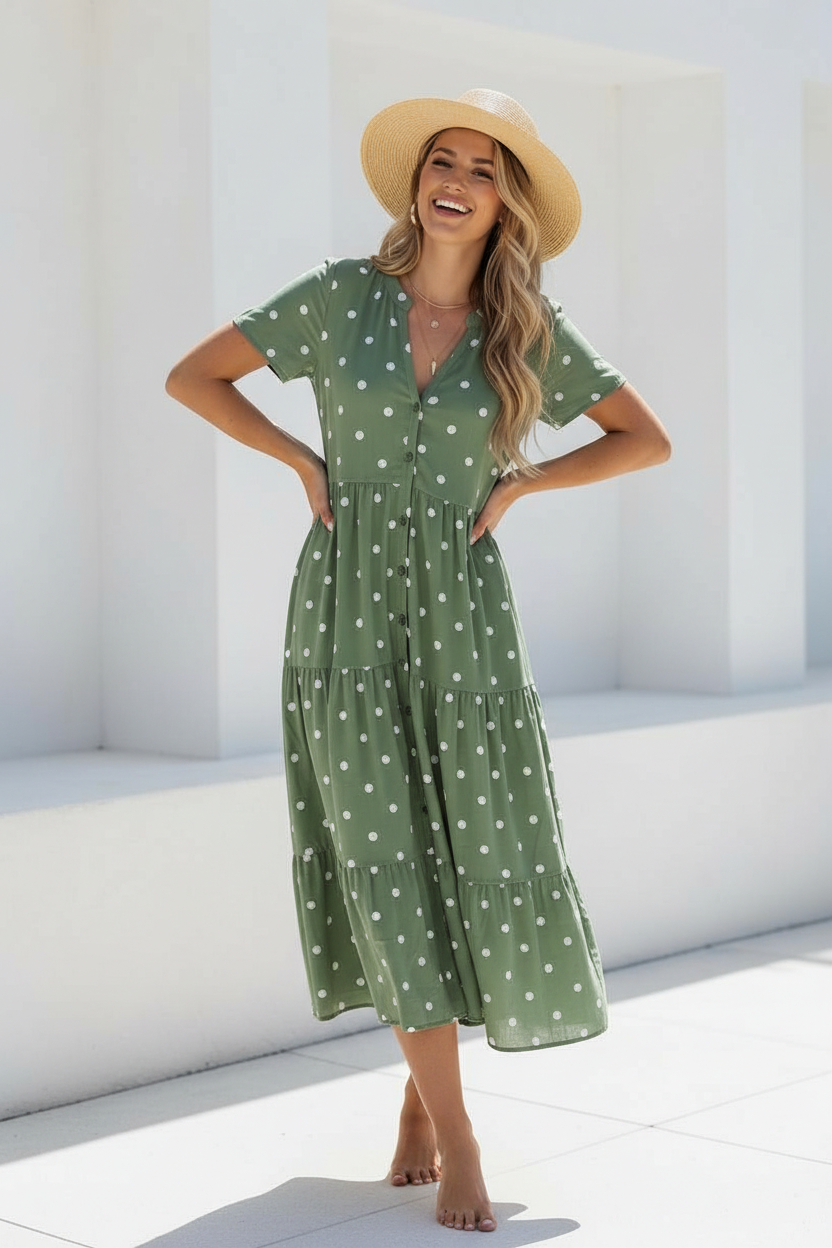 Kacey Polka Dot Midi Dress - Green