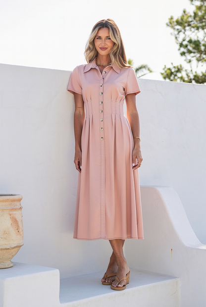 Shirred Back Pleat Waist Dress - Blush Pink