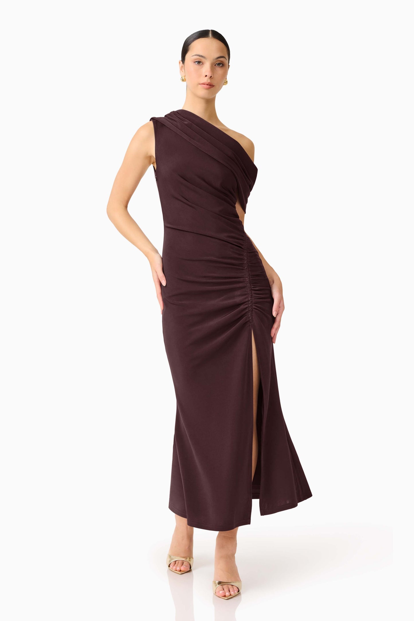 Elliatt Simone One Shoulder Maxi Dress - Chocolate