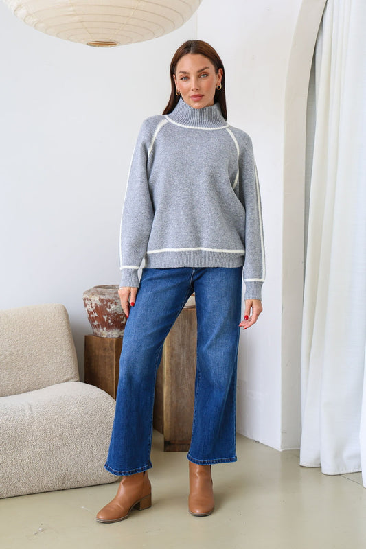 Cameron Roll Neck Knit - Grey/White