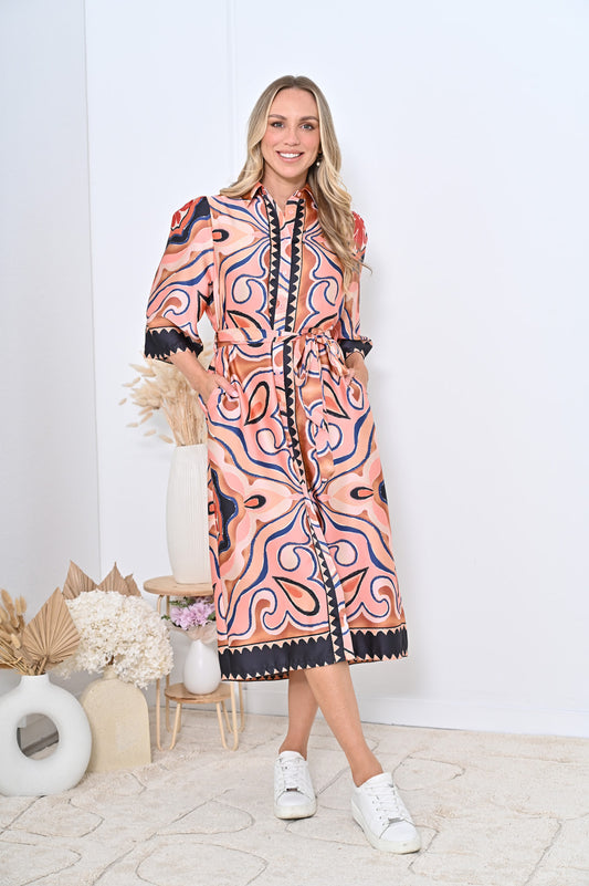 Kathleen Midi Dress - Rust Multi