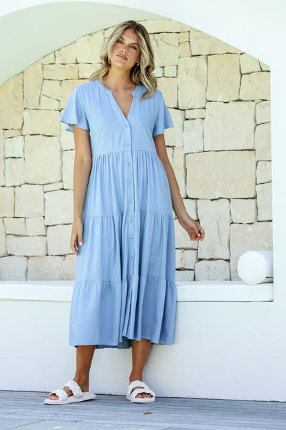 Beth Linen Button Front Tiered Dress - Pale Blue