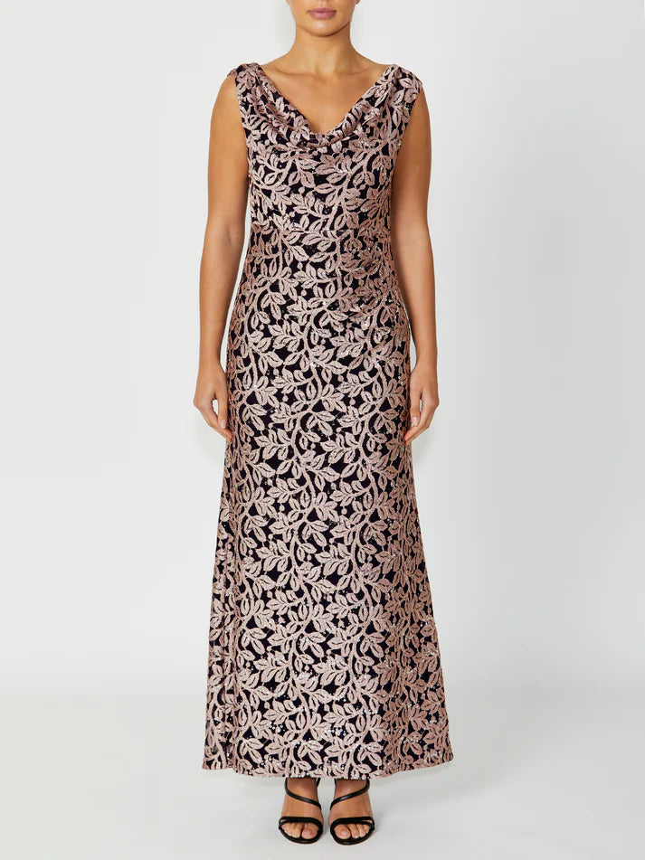 Anthea Crawford Elisa Lace Cowl Neck Gown - Navy/Musk