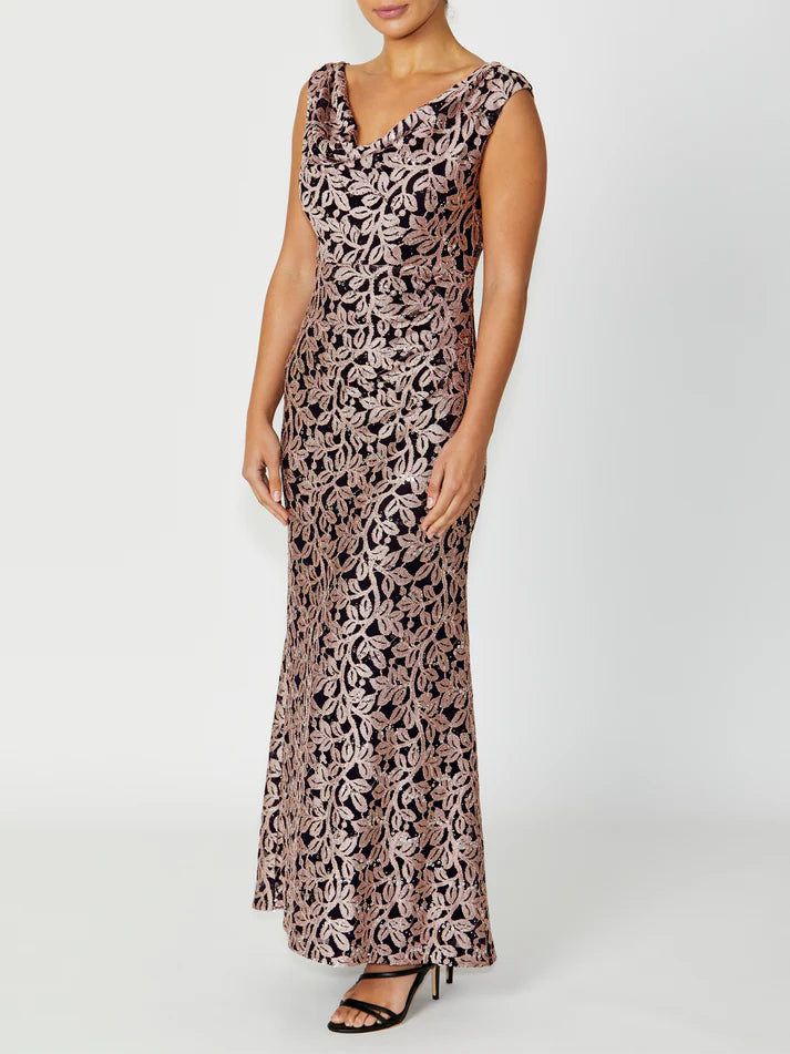 Anthea Crawford Elisa Lace Cowl Neck Gown - Navy/Musk