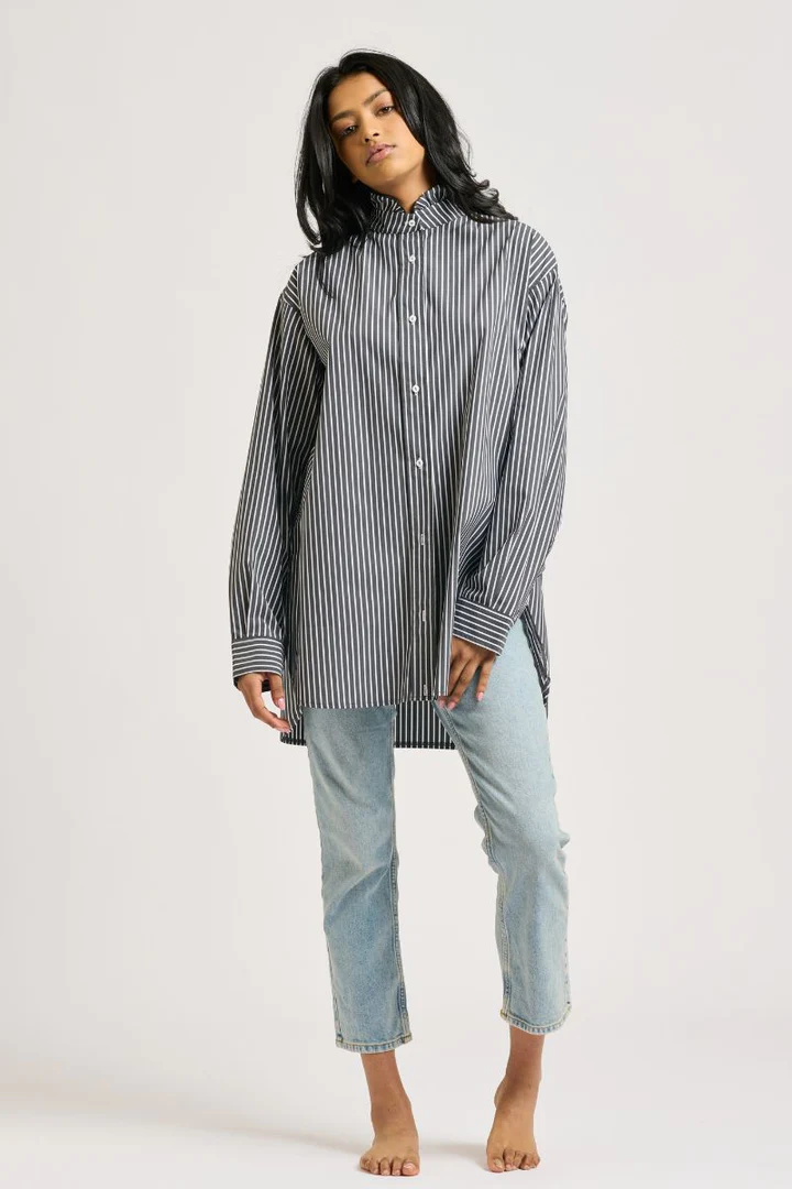 Shirty The Camilla Boyfriend Shirt Frill Collar - Black Stripe